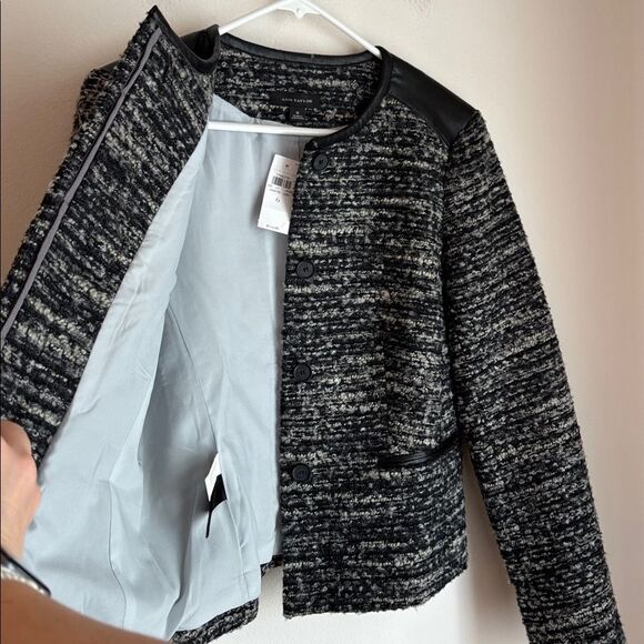 Ann Taylor Wool blend Tweed Day leather Black Gray cropped Blazer Womens 6 NWT - Picture 10 of 14
